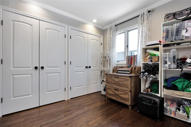 2985 Cheryl Rd, Merrick, NY 11566 - bedroom featuring multiple closets, ornamental molding, dark wood finished floors, and recessed lighting