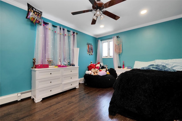 2985 Cheryl Rd, Merrick, NY 11566 - bedroom featuring crown molding, dark wood-type flooring, a baseboard heating unit, recessed lighting, and ceiling fan