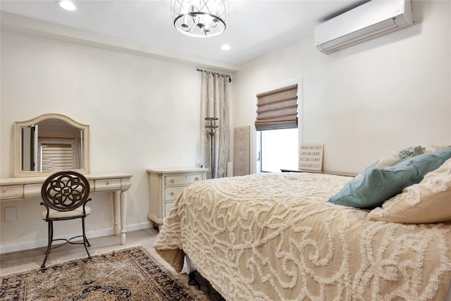 2985 Cheryl Rd, Merrick, NY 11566 - bedroom featuring a wall mounted air conditioner, light wood finished floors, recessed lighting, baseboards, and a chandelier