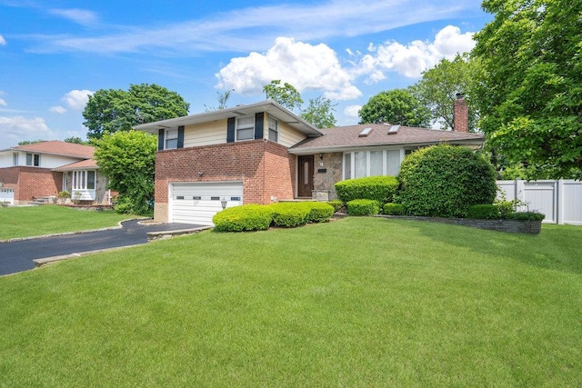 18 Birchwood Park Dr, Syosset, NY 11791 - split level home featuring brick siding, a chimney, a garage, and driveway