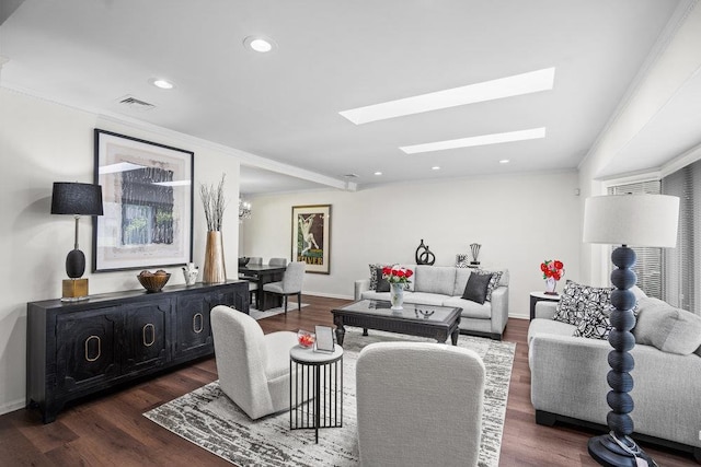 18 Birchwood Park Dr, Syosset, NY 11791 - living room with a skylight, ornamental molding, dark wood-style floors, recessed lighting, and baseboards
