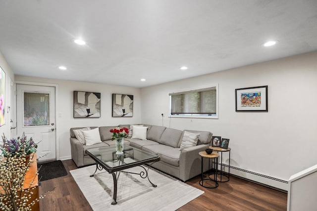18 Birchwood Park Dr, Syosset, NY 11791 - living area with baseboard heating, dark wood-style floors, and recessed lighting