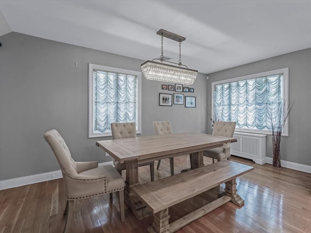 18 Ashland Ave, New Hyde Park, NY 11040 - dining area with radiator, wood finished floors, baseboards, and a chandelier