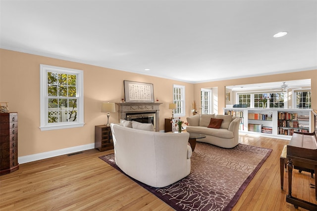 20 Hemlock Dr, Sleepy Hollow, NY 10591 - living area with a glass covered fireplace, crown molding, light wood-style flooring, plenty of natural light, and baseboards