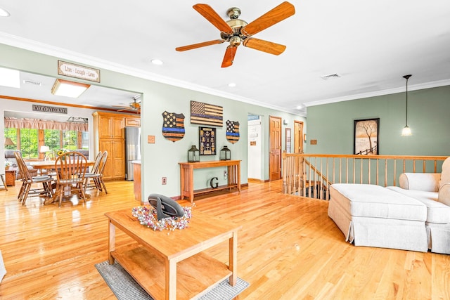 2A Suffern Ln, Garnerville, NY 10923 - living room with recessed lighting, crown molding, a ceiling fan, and light wood-style floors