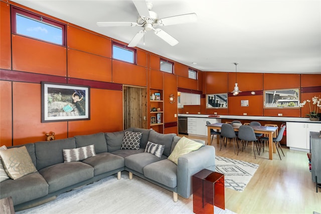 521 Fire Island Blvd, Fire Island Pines, NY 11782 - living room with ceiling fan and light wood-style flooring