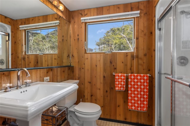 521 Fire Island Blvd, Fire Island Pines, NY 11782 - bathroom with a shower stall, wood walls, toilet, a sink, and tile patterned floors