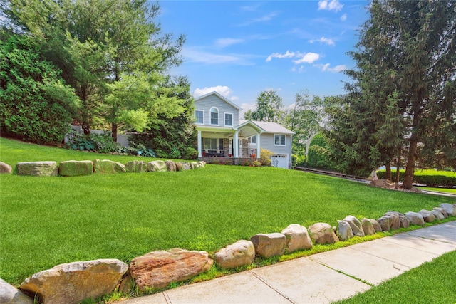 4 Valley Rd, Syosset, NY 11791 - view of front of house with an attached garage, a porch, and a front lawn