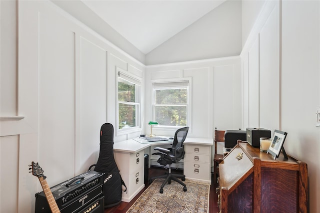 4 Valley Rd, Syosset, NY 11791 - office with vaulted ceiling, wood finished floors, and a decorative wall