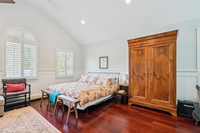4 Valley Rd, Syosset, NY 11791 - bedroom featuring wainscoting, dark wood-type flooring, recessed lighting, and high vaulted ceiling