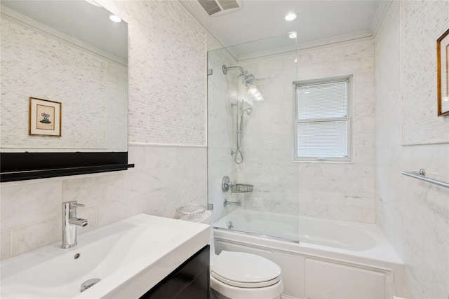 4 Valley Rd, Syosset, NY 11791 - bathroom with tile walls, vanity, and bathing tub / shower combination