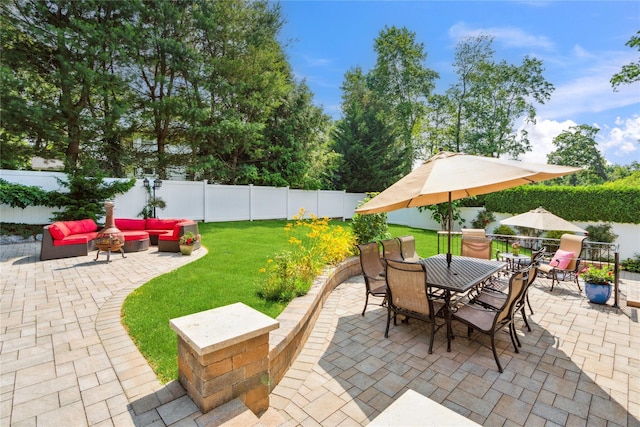 4 Valley Rd, Syosset, NY 11791 - fenced backyard with an outdoor living space, a patio, and outdoor dining space
