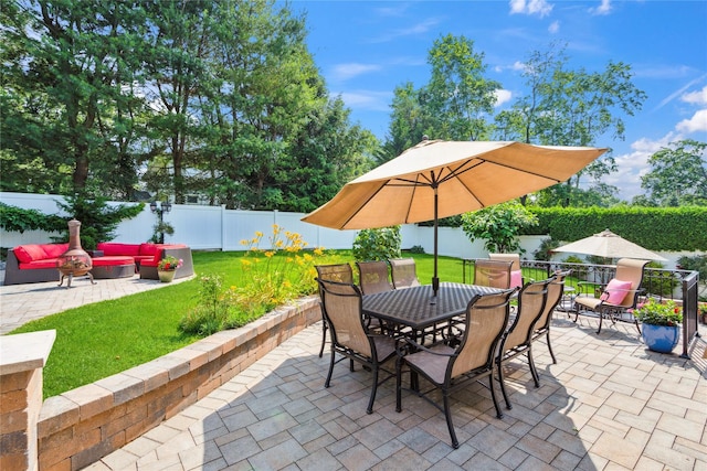 4 Valley Rd, Syosset, NY 11791 - fenced backyard with an outdoor hangout area, a patio area, and outdoor dining space