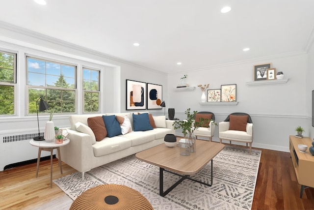 11 Sentry Pl Unit 2C, Scarsdale, NY 10583 - living room featuring radiator heating unit, crown molding, wood finished floors, and recessed lighting