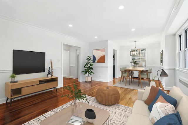 11 Sentry Pl Unit 2C, Scarsdale, NY 10583 - living area featuring wood finished floors, crown molding, a chandelier, and recessed lighting