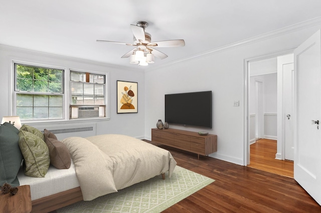 11 Sentry Pl Unit 2C, Scarsdale, NY 10583 - bedroom with dark wood-style flooring, ornamental molding, a ceiling fan, and cooling unit