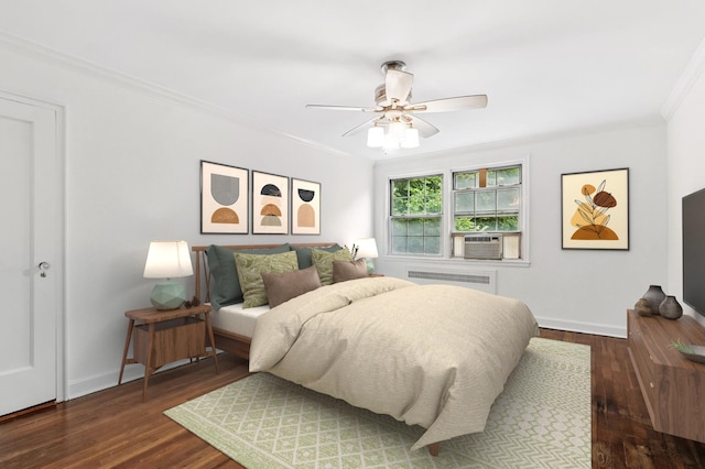 11 Sentry Pl Unit 2C, Scarsdale, NY 10583 - bedroom featuring ornamental molding, radiator heating unit, wood finished floors, ceiling fan, and cooling unit
