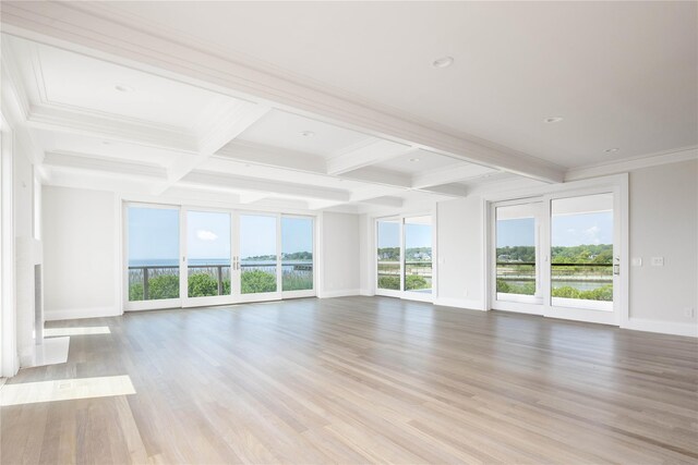 7 Convent Ln, Center Moriches, NY 11934 - unfurnished living room with beam ceiling, light wood finished floors, coffered ceiling, crown molding, and recessed lighting
