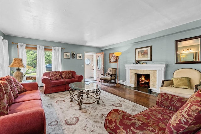 484 Rte 211 W, Middletown, NY 10940 - living room featuring wood finished floors, a baseboard heating unit, a fireplace, and baseboards