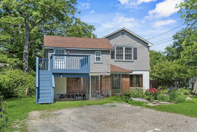 484 Rte 211 W, Middletown, NY 10940 - rear view of house with stairway, a wooden deck, brick siding, and a shingled roof