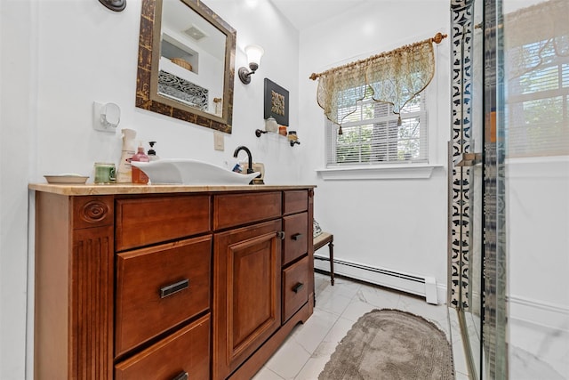 484 Rte 211 W, Middletown, NY 10940 - full bathroom featuring baseboard heating, marble look tiles, vanity, and a shower with shower door