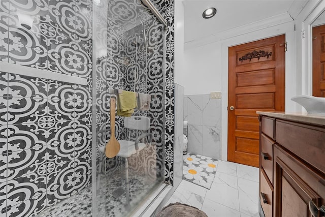 484 Rte 211 W, Middletown, NY 10940 - full bathroom featuring crown molding, vanity, a stall shower, marble finish floors, and toilet