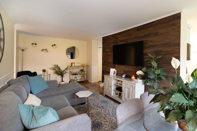 2449 Union Blvd Unit 36-A, Islip, NY 11751 - living area with wood walls, ornamental molding, and wood finished floors