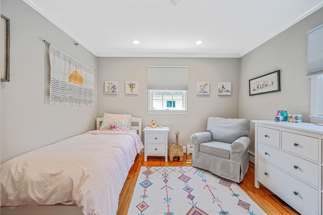 85 Fairmount St, Huntington, NY 11743 - bedroom featuring ornamental molding, light wood finished floors, recessed lighting, a baseboard radiator, and baseboard heating