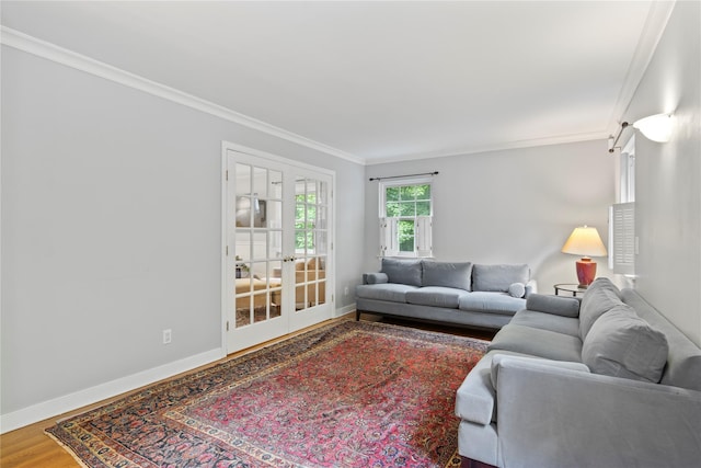 319 Thompson St, Port Jefferson, NY 11777 - living area featuring crown molding, french doors, wood finished floors, and baseboards