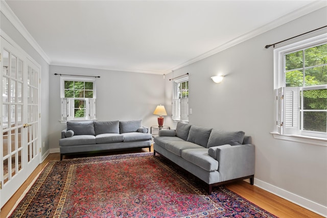 319 Thompson St, Port Jefferson, NY 11777 - living room featuring wood finished floors, healthy amount of natural light, ornamental molding, and baseboards