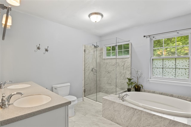 319 Thompson St, Port Jefferson, NY 11777 - full bath with a bath, toilet, marble finish flooring, and a marble finish shower
