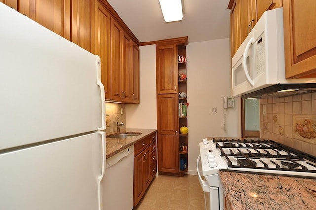 230 Garth Rd Unit 6C1, Scarsdale, NY 10583 - kitchen with white appliances, a sink, brown cabinets, and decorative backsplash
