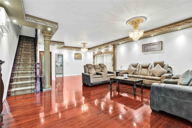 114-11 86th Ave, Richmond Hill North, NY 11418 - living room featuring decorative columns, a chandelier, wood finished floors, stairway, and baseboards