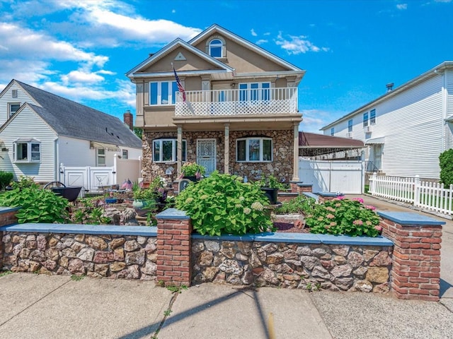 82-44 263rd St, Glen Oaks, NY 11004 - view of front of home featuring a balcony, a gate, and stone siding