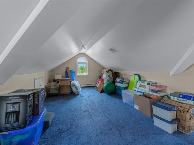 82-44 263rd St, Glen Oaks, NY 11004 - rec room with carpet floors, vaulted ceiling, and a baseboard radiator