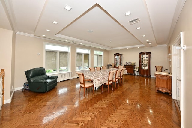 2 Elener Ln, Spring Valley, NY 10977 - dining space with radiator heating unit, a raised ceiling, baseboards, ornamental molding, and recessed lighting