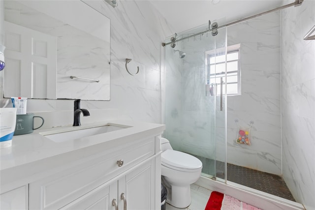 628 151st St, Whitestone, NY 11357 - full bath featuring toilet, a marble finish shower, vanity, and tile walls