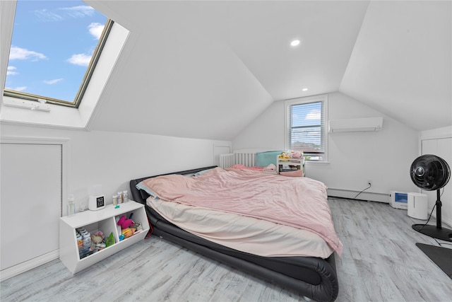 628 151st St, Whitestone, NY 11357 - bedroom with wood finished floors, a baseboard heating unit, vaulted ceiling, a wall mounted AC, and baseboards