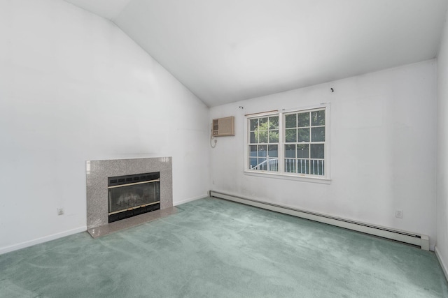 67 Fairway Dr, Wading River, NY 11792 - unfurnished living room featuring a baseboard radiator, carpet flooring, lofted ceiling, a premium fireplace, and an AC wall unit