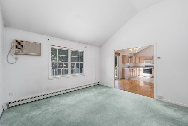 67 Fairway Dr, Wading River, NY 11792 - unfurnished living room featuring a baseboard radiator, a wall mounted AC, light carpet, a chandelier, and a sink