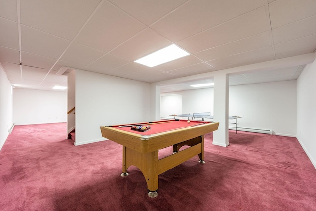 67 Fairway Dr, Wading River, NY 11792 - game room featuring carpet flooring, a baseboard heating unit, pool table, a paneled ceiling, and baseboards