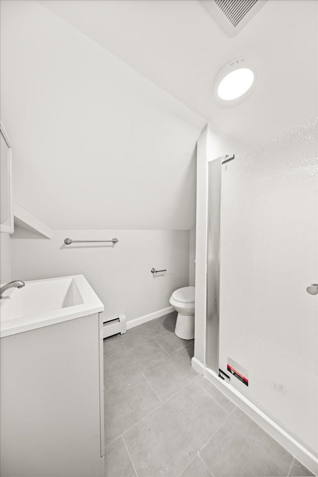 109 Silverleaf Ln, Islandia, NY 11749 - full bathroom with baseboard heating, toilet, tile patterned floors, a shower stall, and baseboards