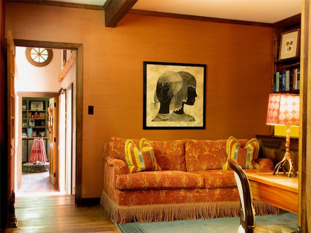 501 Guard Hill Rd, Bedford, NY 10506 - living area featuring wood finished floors, ornamental molding, and beamed ceiling