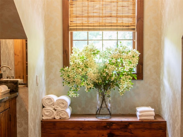 501 Guard Hill Rd, Bedford, NY 10506 - bathroom featuring vanity and wallpapered walls