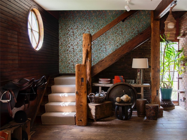501 Guard Hill Rd, Bedford, NY 10506 - stairway featuring hardwood / wood-style flooring, wallpapered walls, and healthy amount of natural light