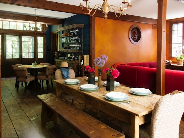 501 Guard Hill Rd, Bedford, NY 10506 - dining space featuring a chandelier and beamed ceiling