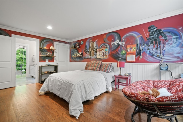 383 Illington Rd, Ossining, NY 10562 - bedroom with ornamental molding, wood finished floors, a wainscoted wall, recessed lighting, and ensuite bathroom
