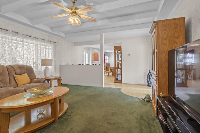1125 Reilly St, Bay Shore, NY 11706 - carpeted living area featuring beam ceiling and a ceiling fan