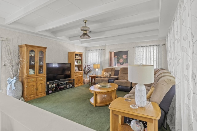 1125 Reilly St, Bay Shore, NY 11706 - carpeted living area featuring healthy amount of natural light and beam ceiling