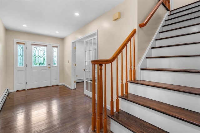 14 Cheesecote Ct, Stony Point, NY 10980 - foyer entrance with stairway, dark wood-style floors, recessed lighting, baseboards, and a baseboard radiator